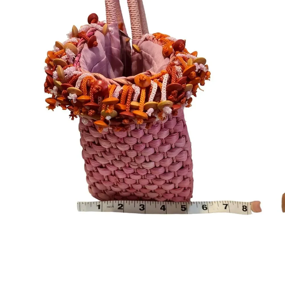 Pink Weaved Straw Hand Bag w/Orange/Tan Wood Beads Drawstring Closure NWT‎